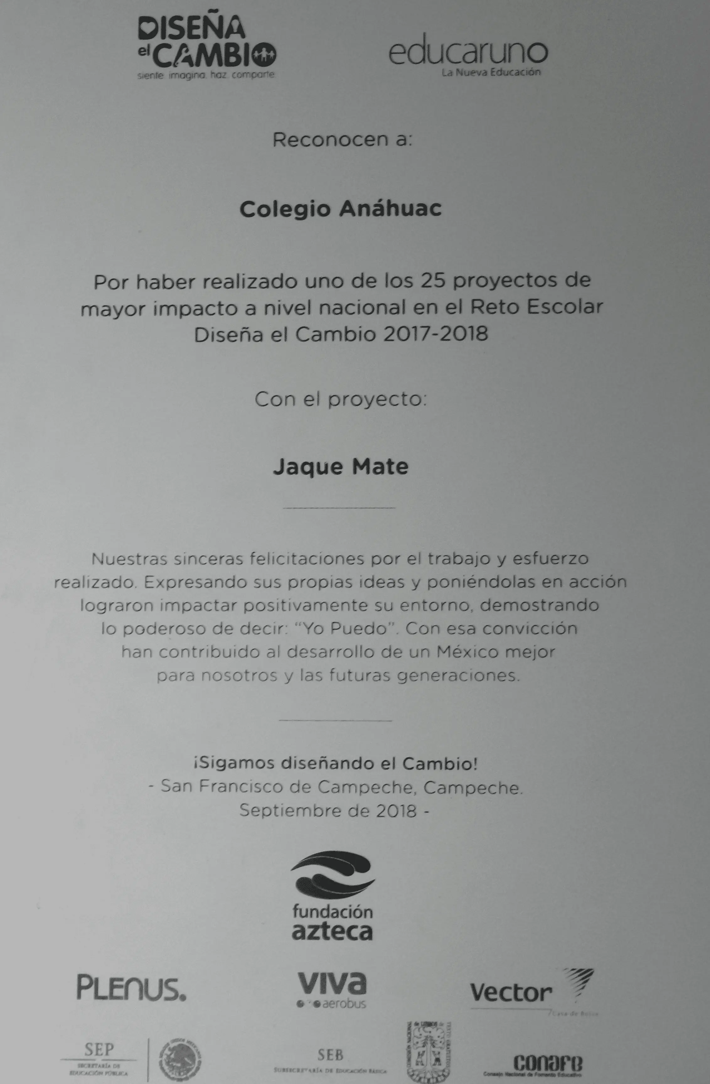 Reconocimiento Diseña el Cambio 2017-2018