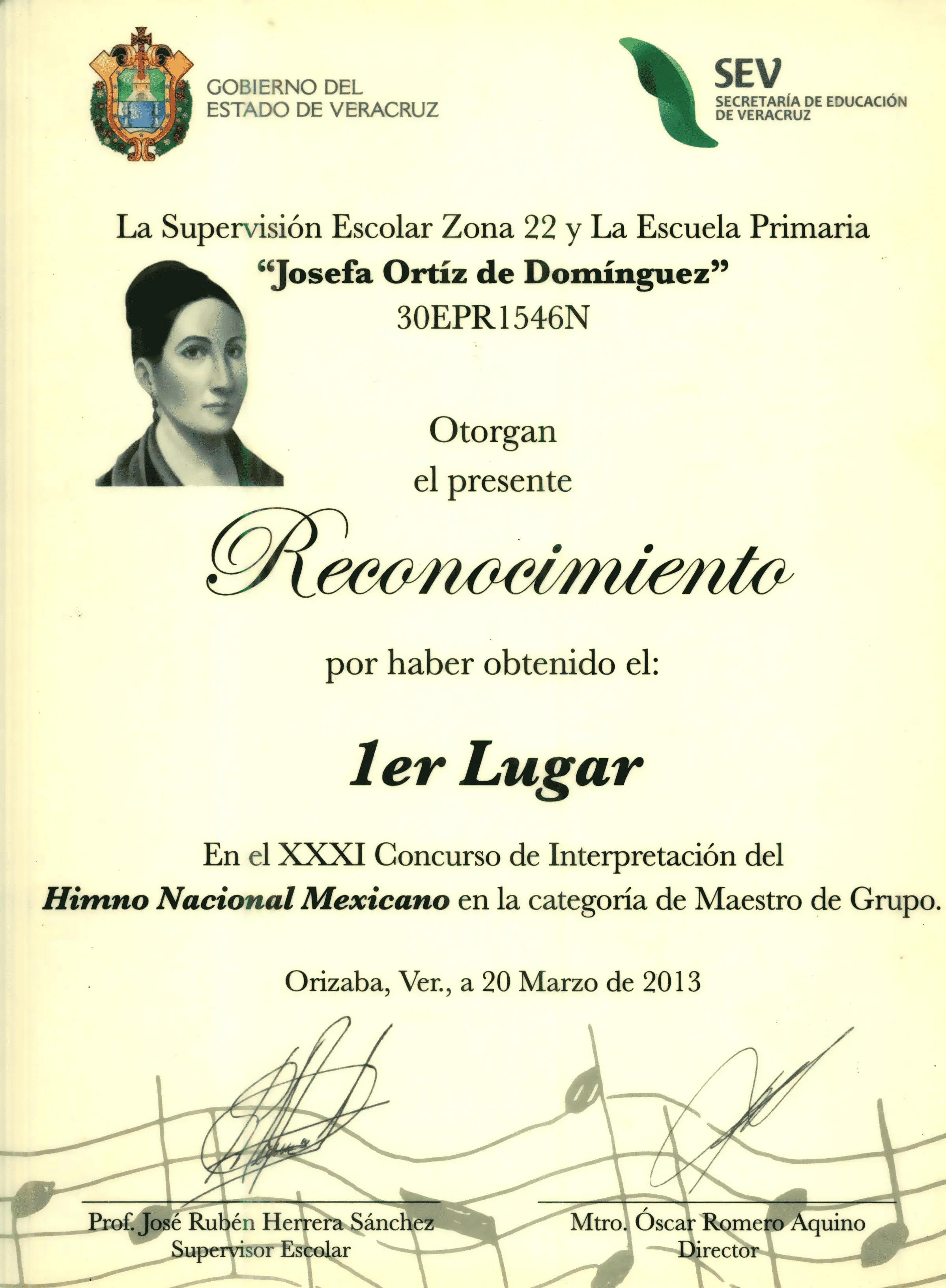 Primer Lugar Concurso de Interpretación del Himno Nacional Mexicano